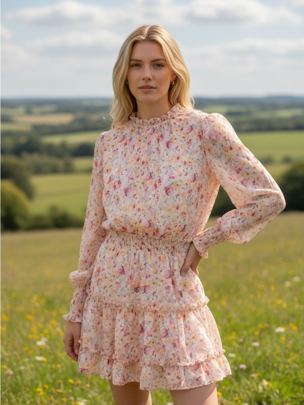 Vanilla Yellow Floral Mini Dress Long Sleeve Mock Neck Cream